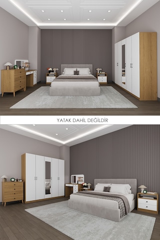 Yatak Odası Takımı 5 Parça %100 Mdf Gardırop Şifonyer Makyaj Masası Komodin Ytk02 Beyaz - Karına
