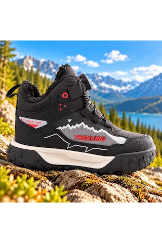Tutınom Çocuk Mekanizma Bağcıklı Sportif Tasarım İçi Tüylü Outdoor Trekking Bot Sıyah - Kırmızı