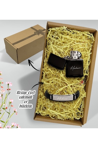 Bk Gift Hediye Kutulu Kişiye Özel İsimli Benzinli Çakmak Ve Çelik Deri Örme Metal Erkek Bileklik Hediye Seti, Sevgiliye Hediye, Erkek Aksesuar Hediyel Gümüş - Siyah