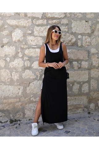 Kadın Yırtmaç Detaylı Viskon Kumaş Maxi Boy Cepli Iç Dahil Ikili Elbise Siyah