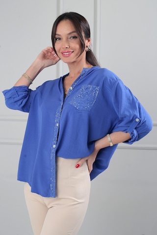 By Saygı Kadın Pul Detaylı Tek Cepli Oversize İthal Keten Gömlek Saks