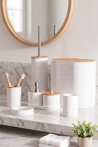 Porsima 4531 8 Parça Banyo Seti - Bambu Kapaklı Çöp Kovası, Sabunluk, Diş Fırçalığı Ve Wc Fırçası Beyaz