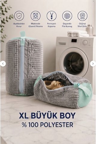Ayakkabı Yıkama Çantası Özel Koruyucu Kumaş, Fermuarlı, Tekrar Kullanılabilir Büyük Boy Torba File Xl 40 X 20 Cm Çamaşır Filesi Gri
