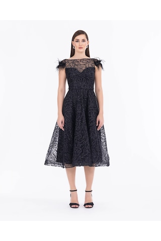 Kayık Yaka Tül Detaylı Simli Abiye-siyah Siyah