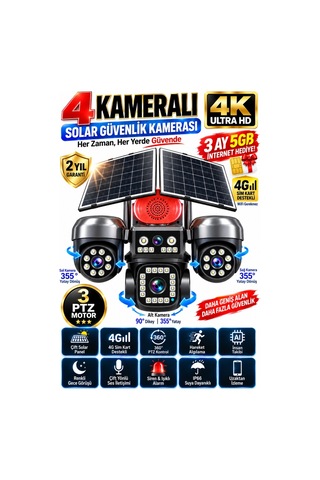 4g Solar Güvenlik Kamerası 4 Kameralı 3 Ptz Çift Solar Panel İnsan Takip Gece Görüş Siren Ip66