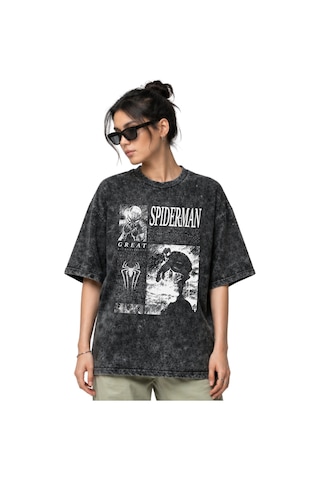 Spider-man Örümcek Adam Kahraman Ön Baskılı Unisex Oversize Eskit Siyah