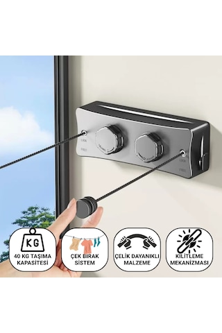 Polham 5.1 Metre Uzayabilir Çift Halatlı Çelik Dayanıklı Çek-bırak Çamaşır İpi, 40 Kg Taşıma Kapasiteli Gri