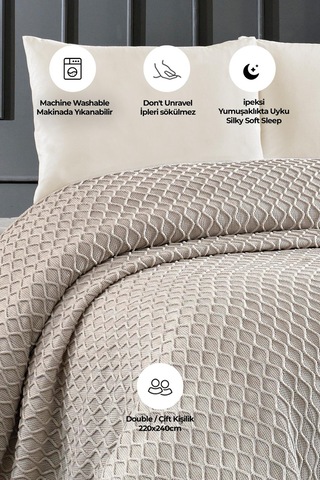 Akrilik Örgü Battaniye Çift Kişilik 220 X 240 Cm Yatak Örtüsü Pike Poly Bej