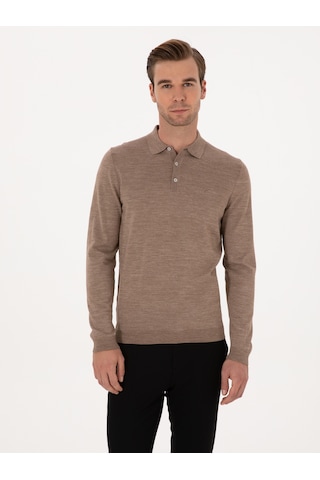 Cacharel Vizon Slim Fit Yün Karışımlı Polo Yaka Basic Triko Kazak Kahverengi