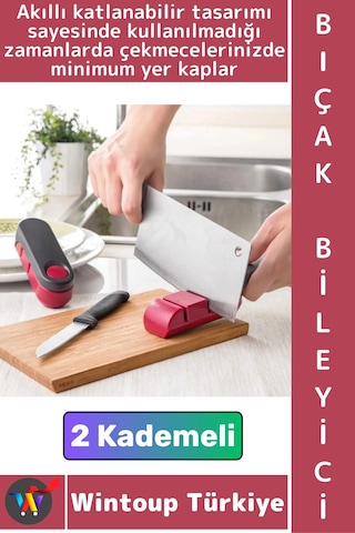 Bıçakbileyici Ergonomik Tutuş Kaymaz Taban İnce Kaba Bileme 2 Kademeli Katlanabilir Bıçak Bileyici