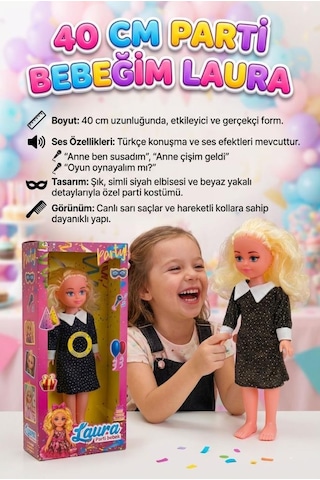 Laura Bebek 40cm Sesli İnteraktif Türkçe Konuşan Eklemleri Hareket Eden Şık Elbiseli Oyuncak Bebek 1