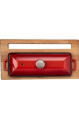 Lava Döküm Ekmek Tenceresi / Kayın Ağacı Servis Standı / Terrine Serisi. Ölçü 11x29cm. - Kırmızı