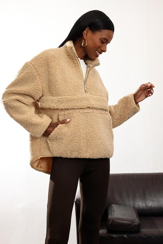 Camel Dik Yaka Peluş Mont Camel