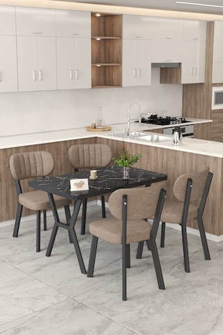 Gnr 70x110cm Sabit Siyah Mutfak Masası Takımı, Yemek Masası, 4 Modern Cappucino Sandalye Cappuccino