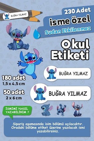 Stitch Temalı Kişiye Özel İsimli Defter Kalem Okul Etiketi, Yırtılmaz Pvc Etiket, Islanmaz Beyaz