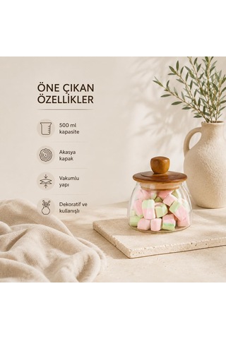 Doğal Akasya Ahşap Kapaklı Vakumlu Cam Kavanoz 500 Ml, Dekoratif Erzak Saklama Kabı, Kahve Kuruyemiş Şekerleme Ve Çok Renkli