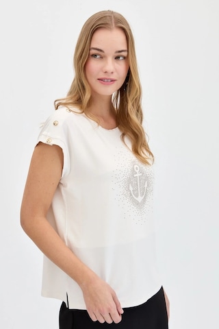 Desen Triko Kadın Sıfır Yaka Önü Taşlı Çapalı T-shirt Kmy24024 Ekru