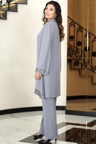 Umay Şifon Tunik Pantolon İkili Tesettür Takım Gri Gri