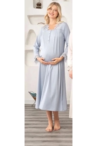 Bone 5911 Kadın Lohusa Müslim Yaka Gecelik Mavi