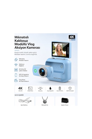 Lk-018 Vlog Kamera 48mp Aksiyon Kamerası Katlanabilir Ekranlı 4k Full Hd Dijital Kamera Video Ve Mini Fotograf Makinesi Wifi Ve Manyetik Klipsli