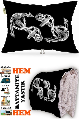 Denizci Çıpa Desen Baskılı Tv Battaniyeli Opsiyonel Dekoratif Hediye Yastık Battaniye 2in1 Gifts Çok Renkli