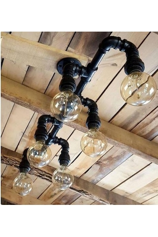 Demir Boru Sarı Ampulden, Endüstriyel Malzeme Rustik Avize Siyah