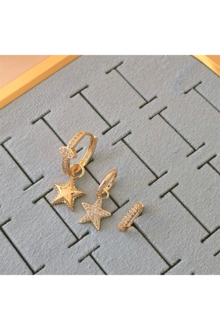 Taşlı Balon Yıldız Üçlü Çelik Küpe Gold