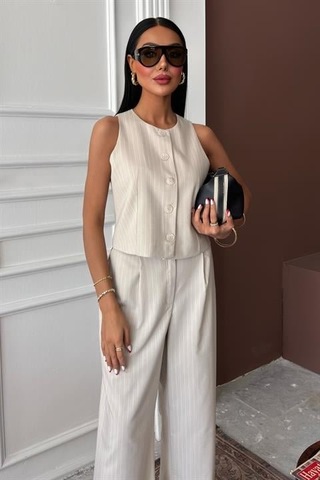 Yelek Plazzo Pantolon Çizgili Flamlı Poliviscon Takım 10178 Vi Zon