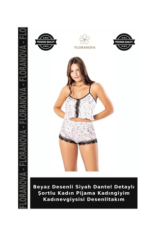 Floranova Beyaz Desenli Siyah Dantel Detaylı Şortlu Kadın Pijama Kadıngiyim Kadınevgiysisi Desenlitakım Beyaz - Siyah