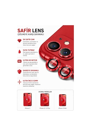 Apple iPhone Uyumlu 11 / 12 / 12 Mini Kırmızı Metal Kamera Lens Koruyucu Safir Cam Ultra Net Hd