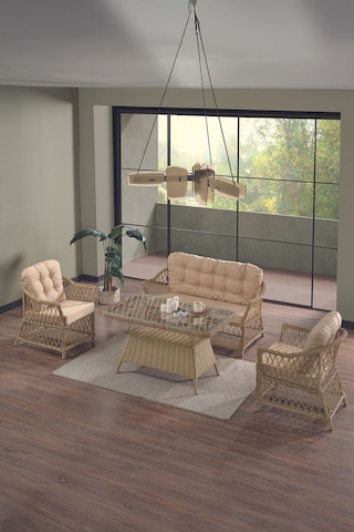 Icon Rattan Bahçe Balkon Oturma Takımı 2+1+1+camlı Masa Cappuccino Cappuccino