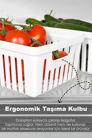 4 Adet Buzdolabı Düzenleyici Sepet - Dolap İçi Meyve Sebze Düzenleyici Organizer Saklama Kabı Beyaz
