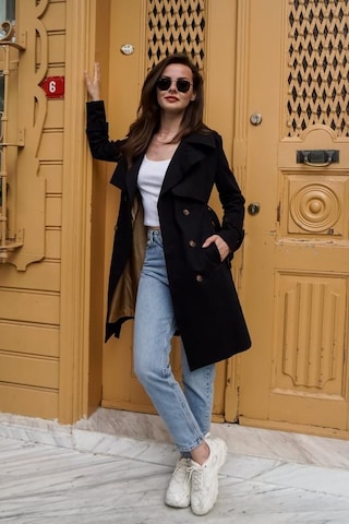 Pastelastore %100 Pamuk Gabardin Midi 95cm Astarlı Kemerli Kadın Trençkot 1113 Siyah