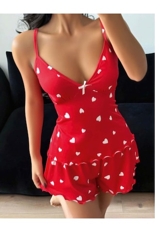 İkikareshop Kadın Kalp Desenli Şortlu Pijama Takımı Rahat Ve Şık Ev Giyim Seti Çok Renkli