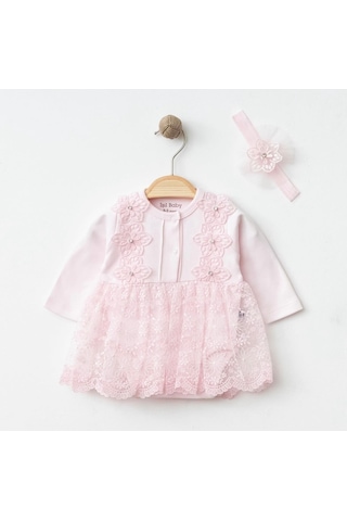 Işıl Baby Dantelli Çiçek Aplikeli Kız Bebek Body Takım Taçlı Pembe