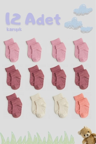 Cnt Erkek / Kız Bebek Kaydırmaz Taban Pamuklu Yumuşak Çorap 12 Li Paket Karışık2 Karışık2