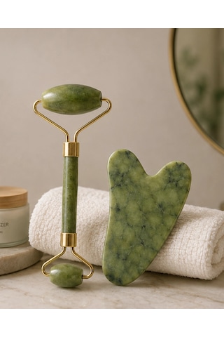 Jade Roller Ve Gua Sha Taşı Yüz Bakım Masaj Seti