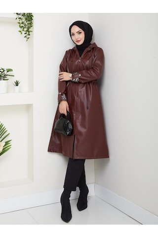 Hb Harma Time Butik Kadın Kapüşonlu Fermuarlı Şardonlu Deri Bordo Kap