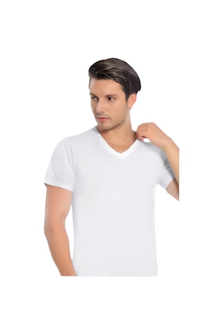 Erkek Modal V Yaka Kısa Kol 3'lü Paket 3043 Beyaz