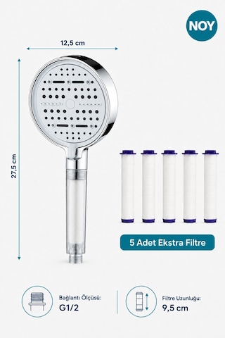 Duş Başlığı Seti Filtreli Duş Başlığı 6 Fonksiyonlu 5 Yedek Filtre Hediyeli Premium Serisi Metalik