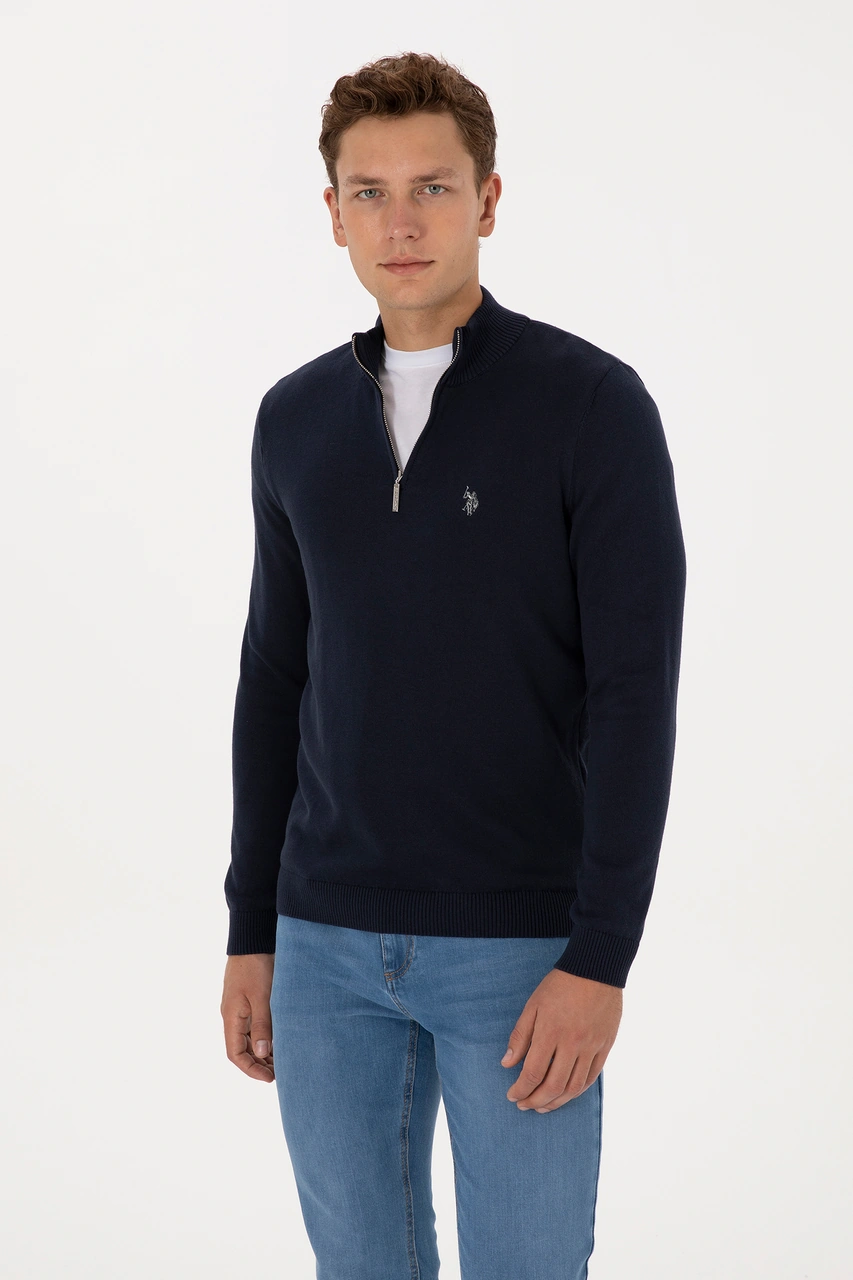 U.S. Polo Assn. Erkek Slim Fit Yarım Fermuarlı Lacivert Basic Kazak 50313695-VR033