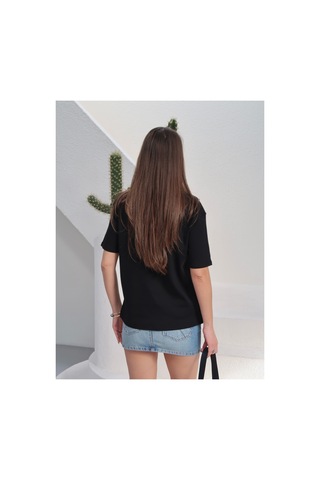 Paw Garage Kadın Massi İnterlok Kumaş V Yaka Oversize T-shirt SIYAH