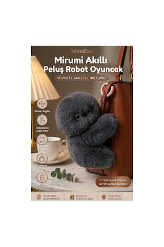 Mirumi Akıllı Peluş Robot Oyuncak - Ses Algılayan Dokunmaya Duyarlı Çantaya Tutunan İnteraktif Peluş Gri