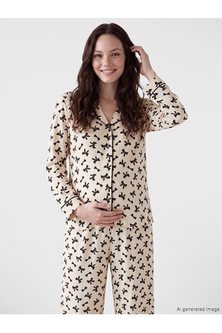Lcw Dream Bej Gömlek Yaka Fiyonk Baskılı Hamile Pijama Takımı