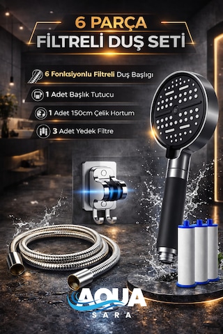 6 Parça Yüksek Basınçlı Filtreli Duş Başlığı Seti 6 Modlu, 3 Yedek Filtreli, Hortum Ve Duş Başlığı Tutucu Gri - Siyah