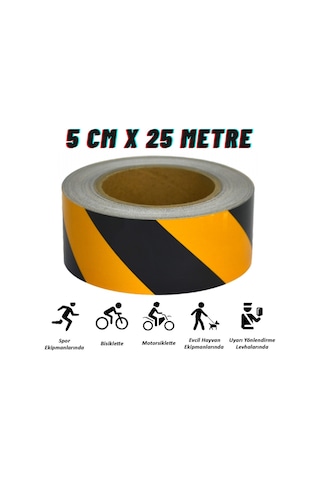 Reflektif Fosforlu Çapraz Şerit Bant 5 Cm x 25 Metre Sarı Siyah İkaz Bandı GLZ03902756