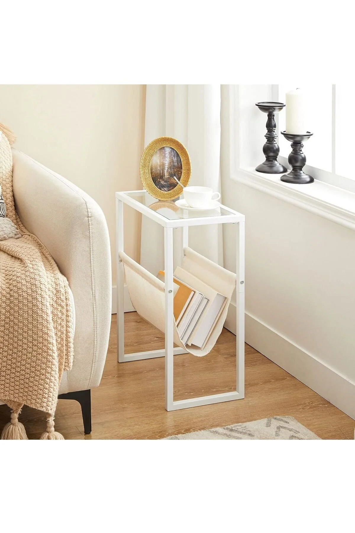 Temperli Cam Gazetelik Dergilik Yan Sehpa Koltuk Sehpası Beyaz-şeffaf