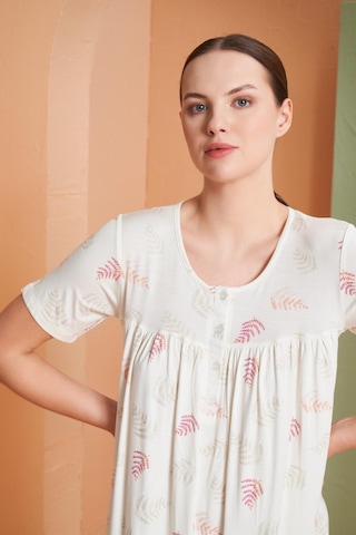 Pjs Kadın Yaprak Desenli Düğmeli Yaka Kısa Kol Gecelik Ekru