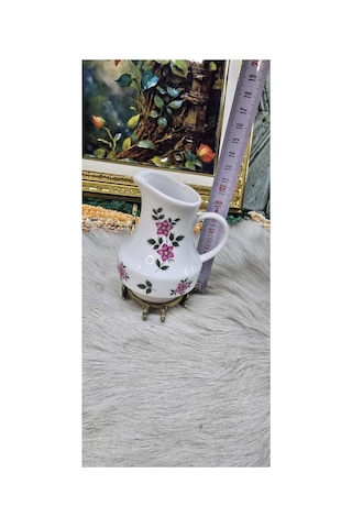 Vintage Çiçek Desenli Porselen Sütlük / Krema Sürahisi Ekru