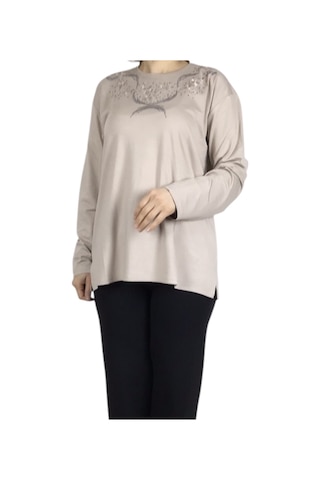 Kadın Yakası Taşlı Likralı Büyük Beden Bluz Arpbattal1 Krem